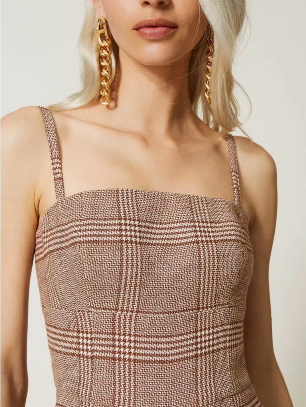 TWINSET MILANO Brown and Cream Plaid Strapless Wide-Leg Jumpsuit - size 42